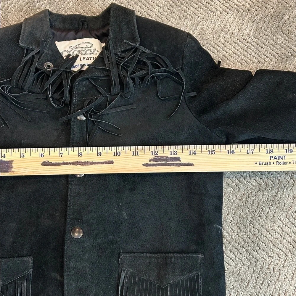 Vintage Lariat Girls Black Suede Leather Fringe Western Jacket Made in USA Sz S